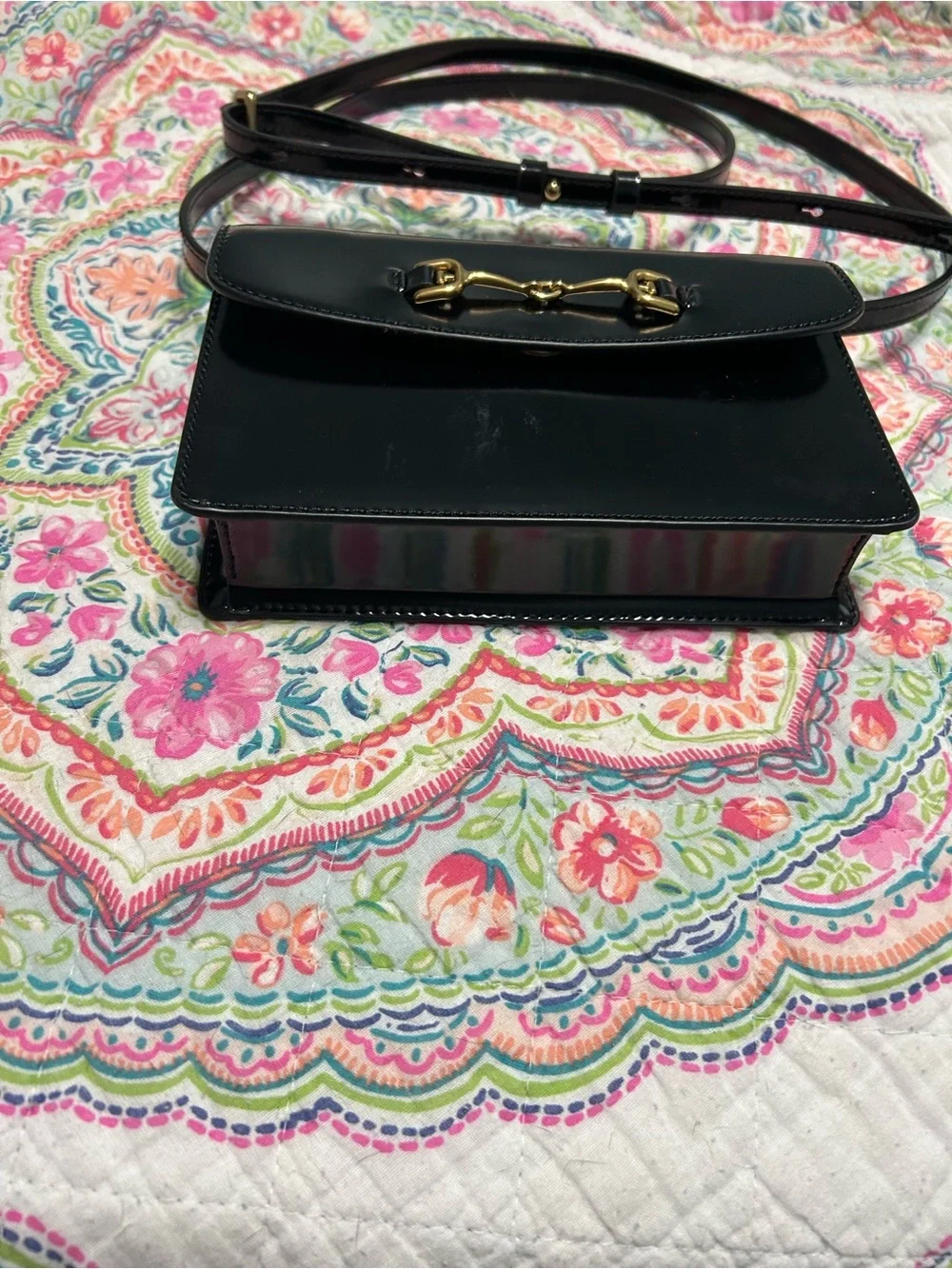 Sam Edelman Loraine crossbody black patent leather gold-tone horse bit like